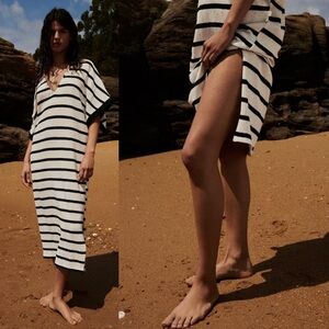 Zara Maxi Dress Striped Black White Loose Cotton Vented Rustic Tunic Beachy Sz M